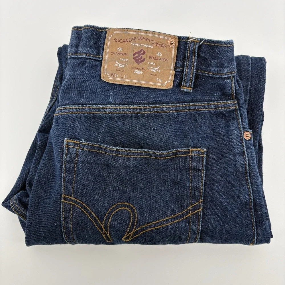 Vintage Rocawear Jeans 33x30 Dark Wash Baggy Loose Y2K Skater Hip Hop Streetwear